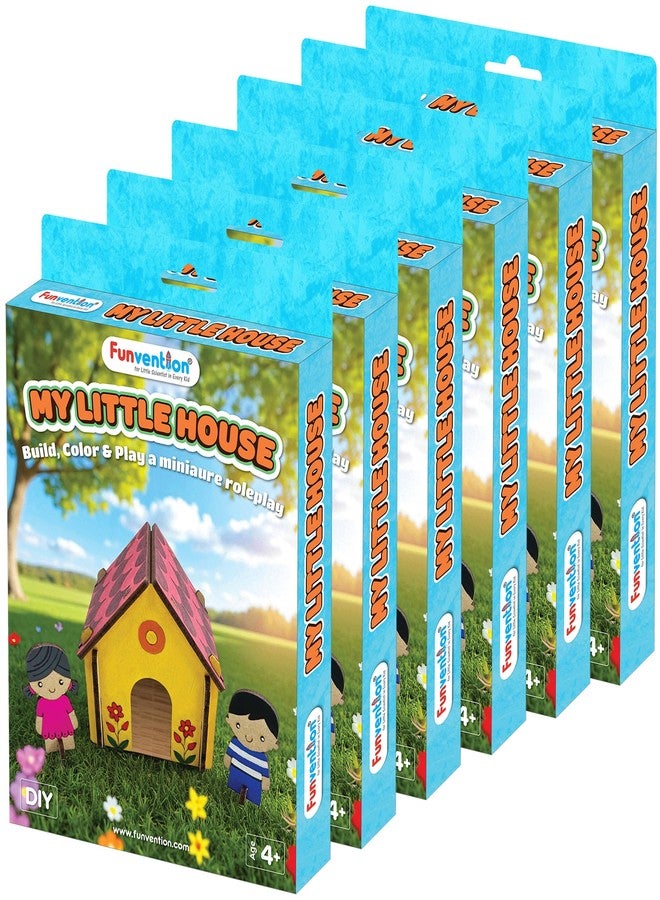 Funvention My Little House (Pack of 6) Birthday Return Gifts - DIY Dollhouse Roleplay & Coloring Craft Activity with Cottage, Picnic Table, Garden, Bed, Boy & Girl Characters & Pet for Boys & Girls - Image 1
